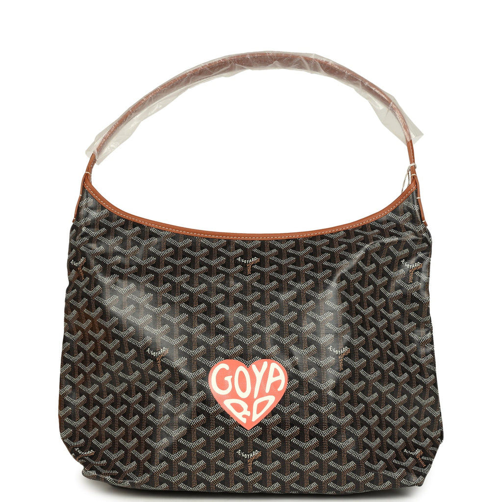 Goyard Boheme hobo in Black and Brown Goyardine canvas, front view with the hand-painted heart motif