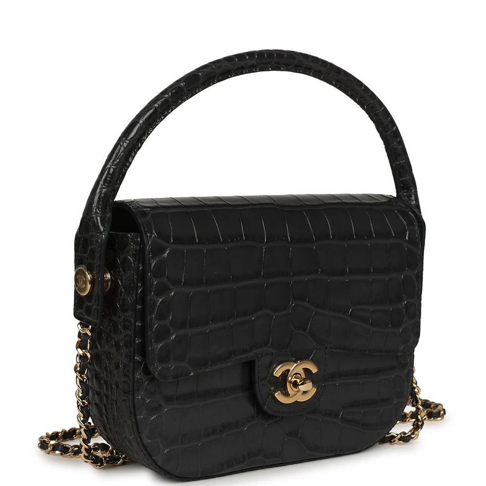 Side profile of Chanel dark grey croc-embossed flap bag showing rolled handle