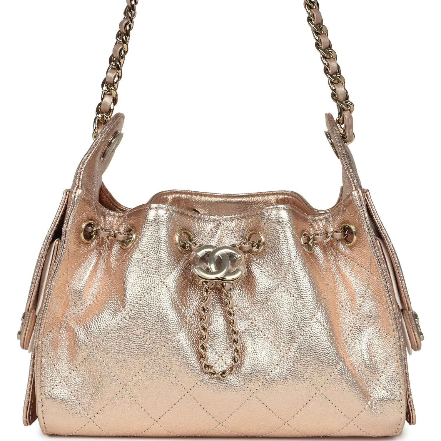 Chanel Mini 25 Hobo Bag in metallic rose gold caviar leather, front view with drawstring closure