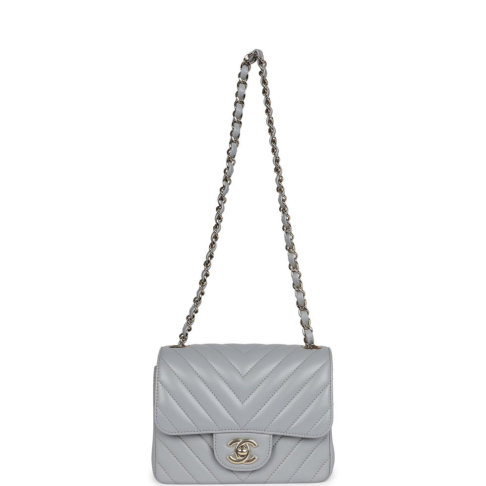 Thumbnail: Front view of the grey chevron flap bag worn over the shoulder on its chain strap