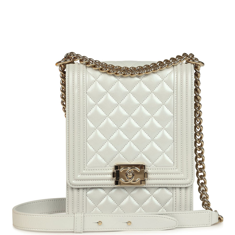 Front view of the Chanel North-South Boy Bag in light grey iridescent calfskin