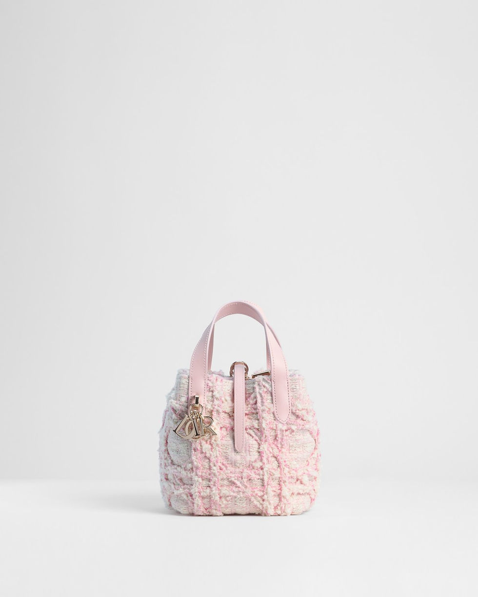 Dior Nano Toujours vertical tote in pale pink and latte Fluffy Cannage fabric – front view