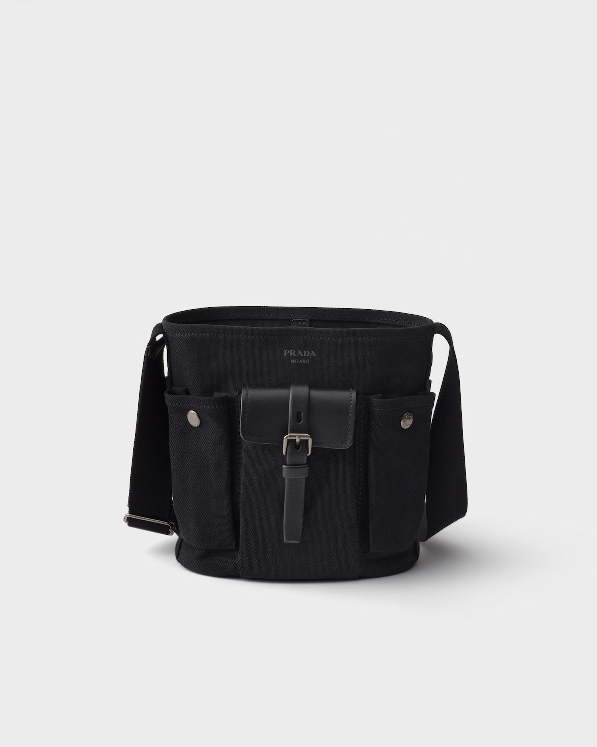 Prada Route mini bucket bag in black canvas and leather – front view
