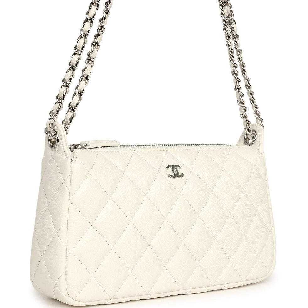 Three-quarter angle showing the diamond-quilted caviar leather and silver-tone hardware