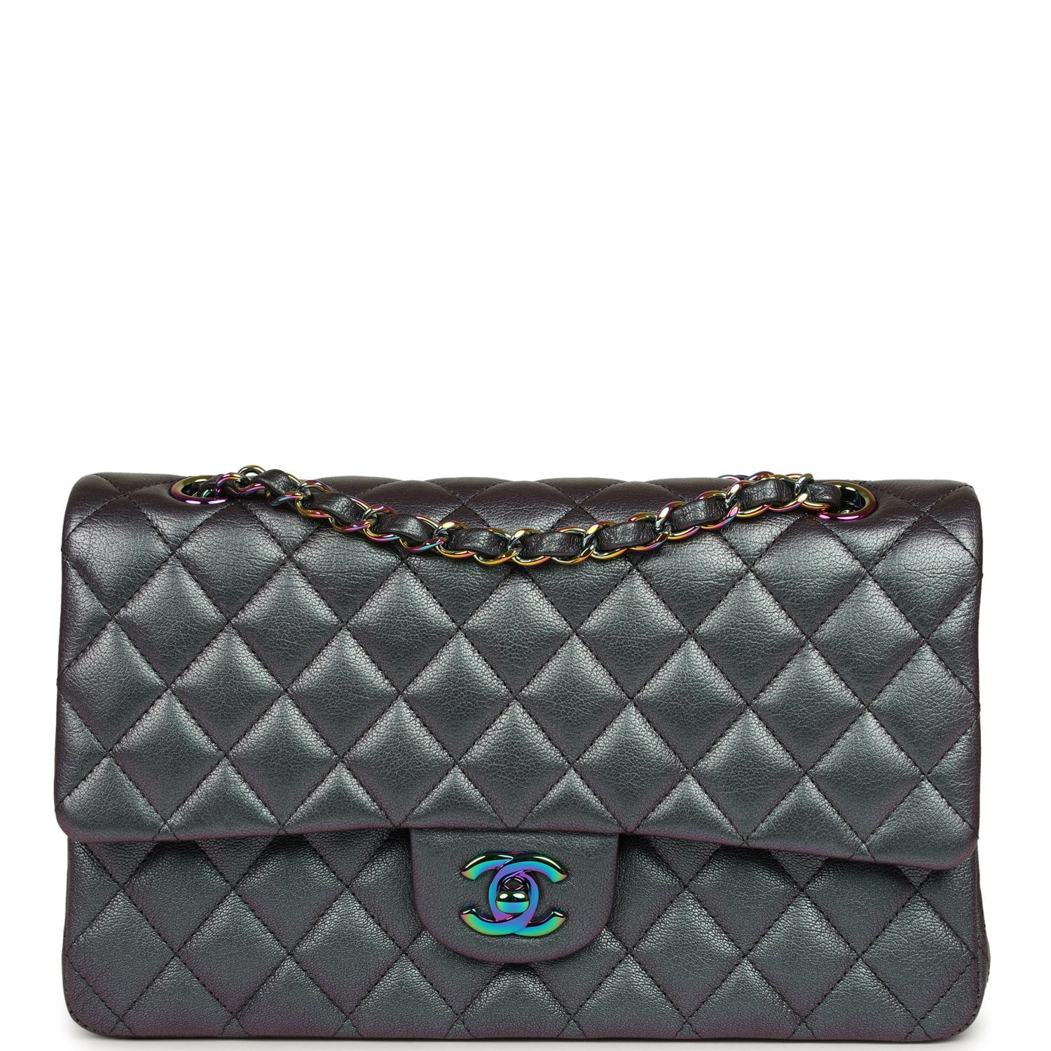 Chanel Medium Classic Double Flap bag in iridescent purple goatskin with rainbow chain, front view