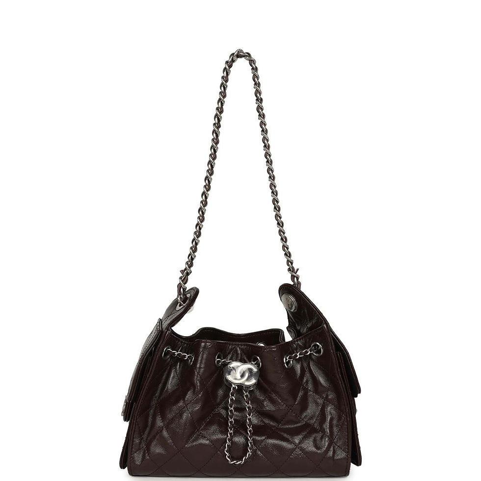 Thumbnail: Front view of the crumpled calfskin hobo bag carried on its silver-tone chain straps