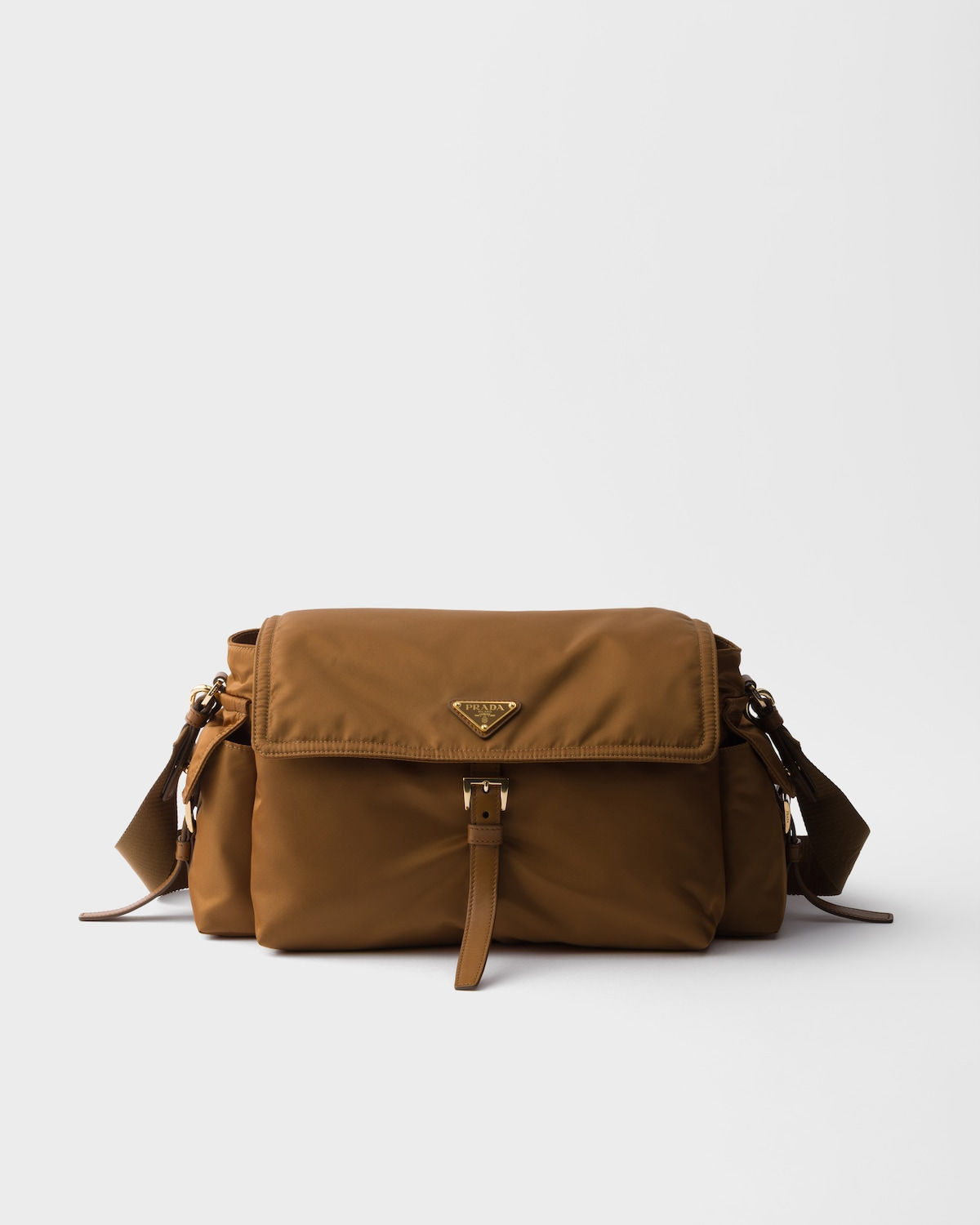 Prada Explore large shoulder bag with flap in brandy Re-Nylon – front view