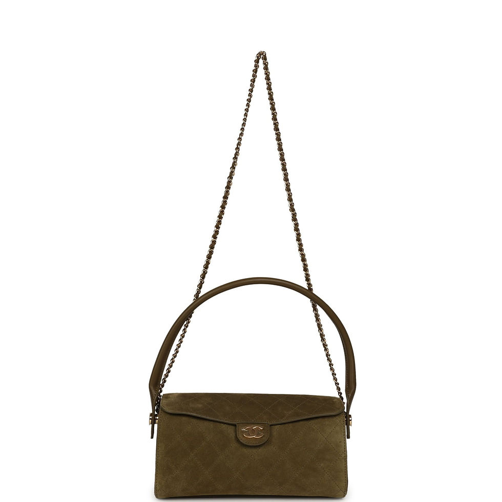 Thumbnail: Chanel barrel clutch bag suspended by its chain strap and rolled top handle