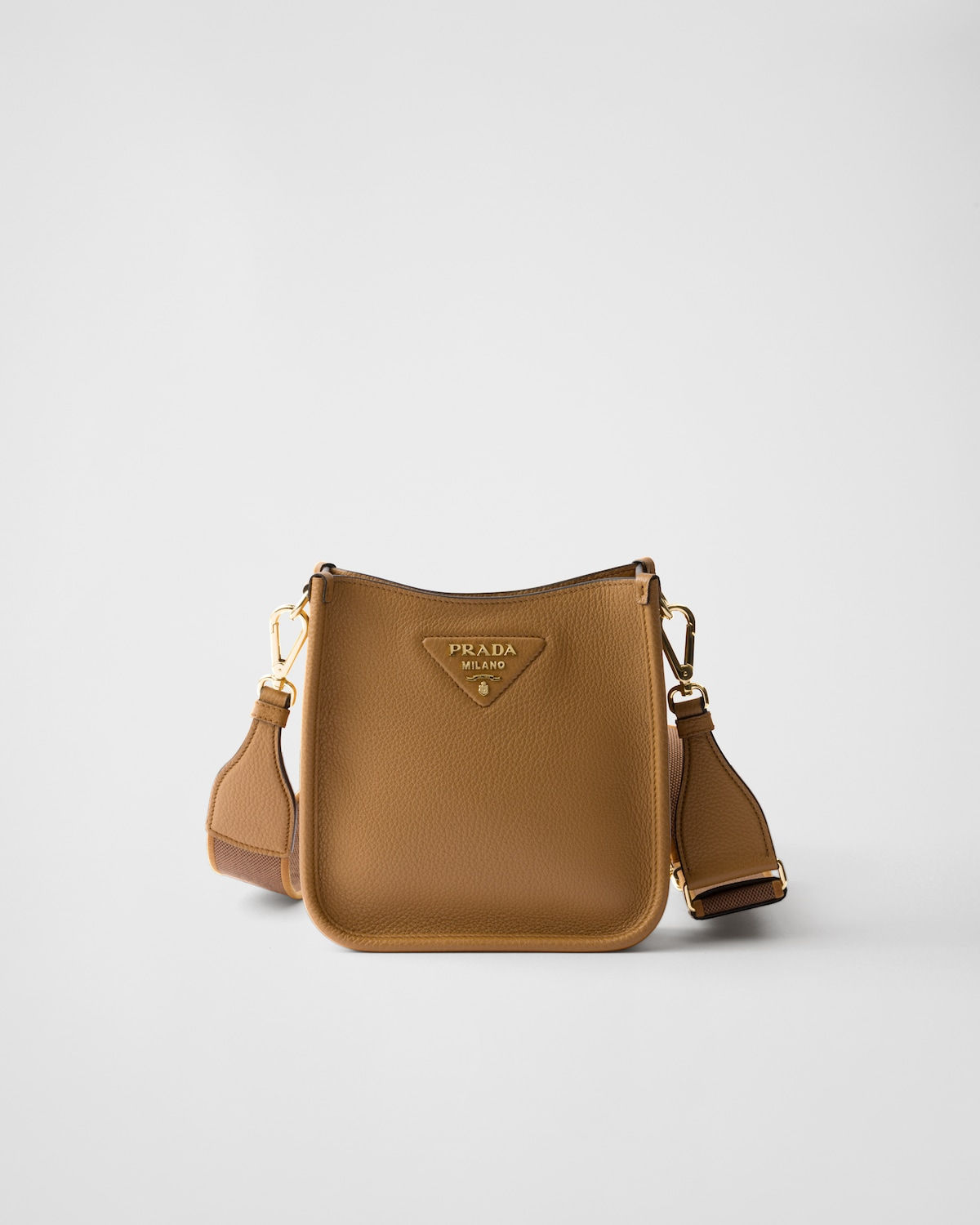 Prada mini flap shoulder bag in caramel calfskin – front view
