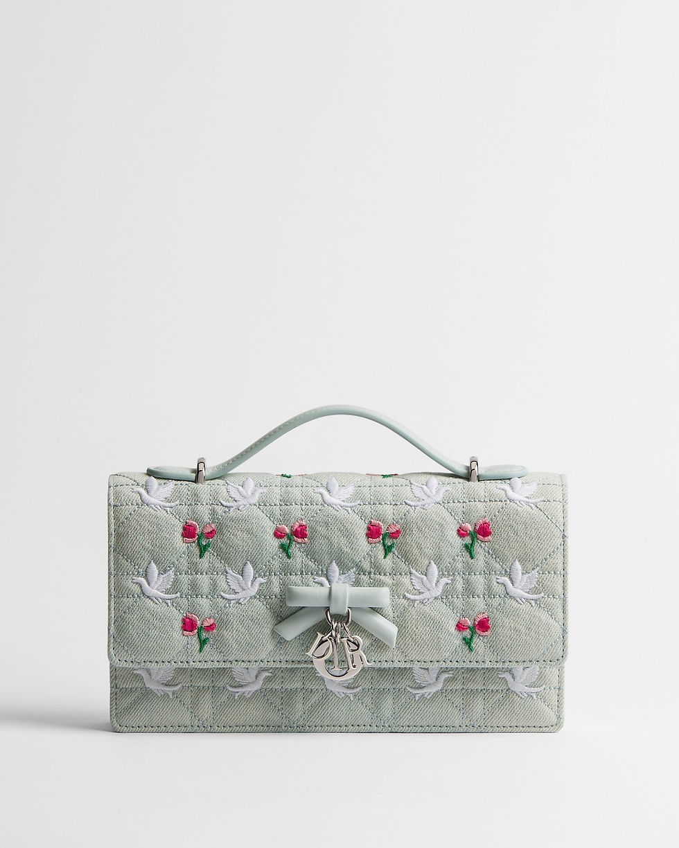 Dior Dioramour My Dior Mini Bag with Bow in Blue Doves & Roses Cannage Denim – front view