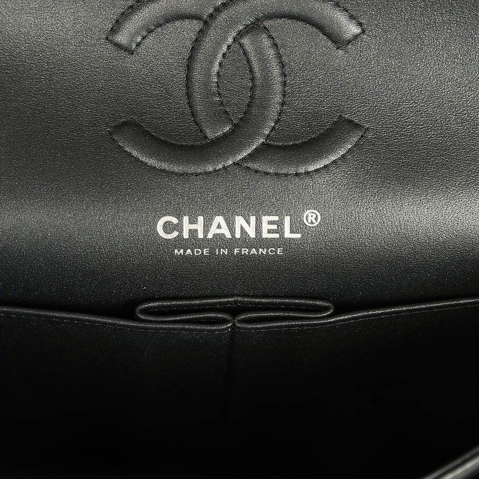 Thumbnail: Interior of the so-black iridescent Chanel Small Classic Flap with embossed CC and Made in France stamp