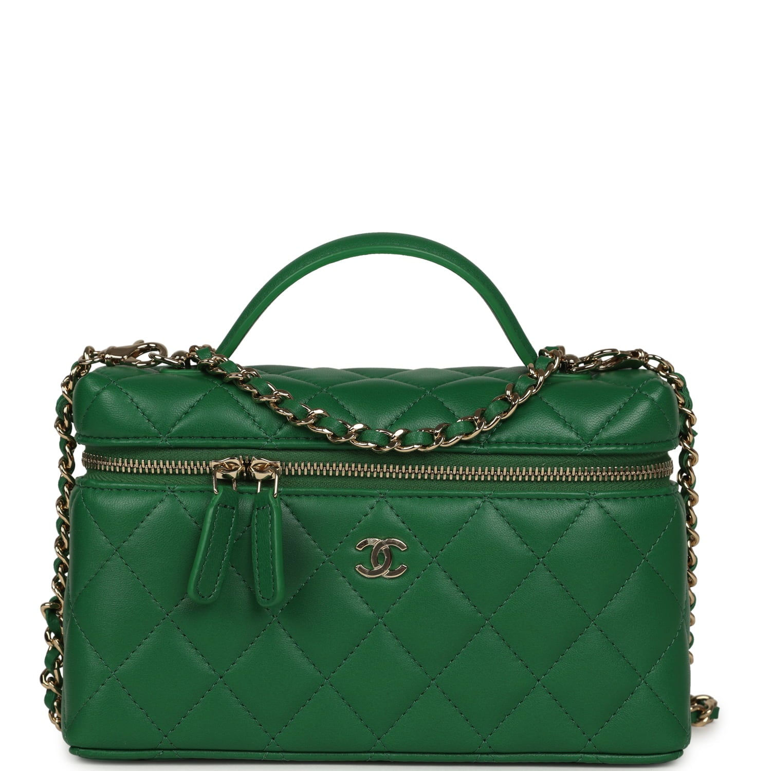 Front view of the green lambskin vanity case with quilted stitching and gold-tone hardware
