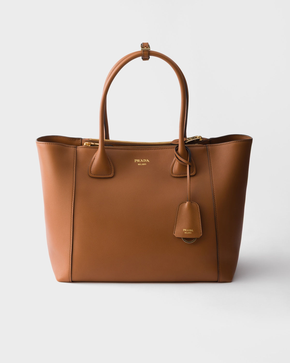 Prada Nova large tote bag in cognac calfskin, 36 cm wide – front view