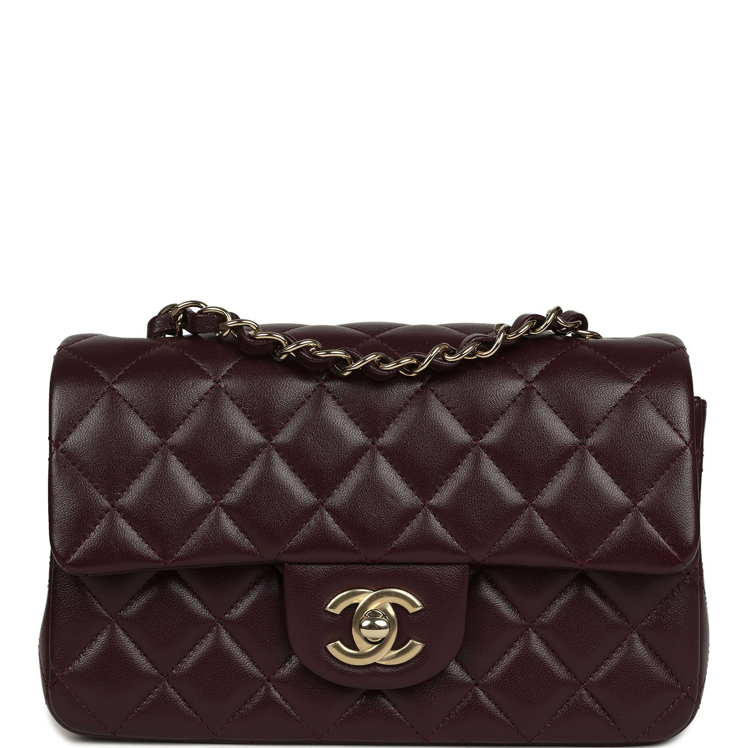 Chanel Mini Rectangular Flap bag in burgundy lambskin with light gold chain, front view