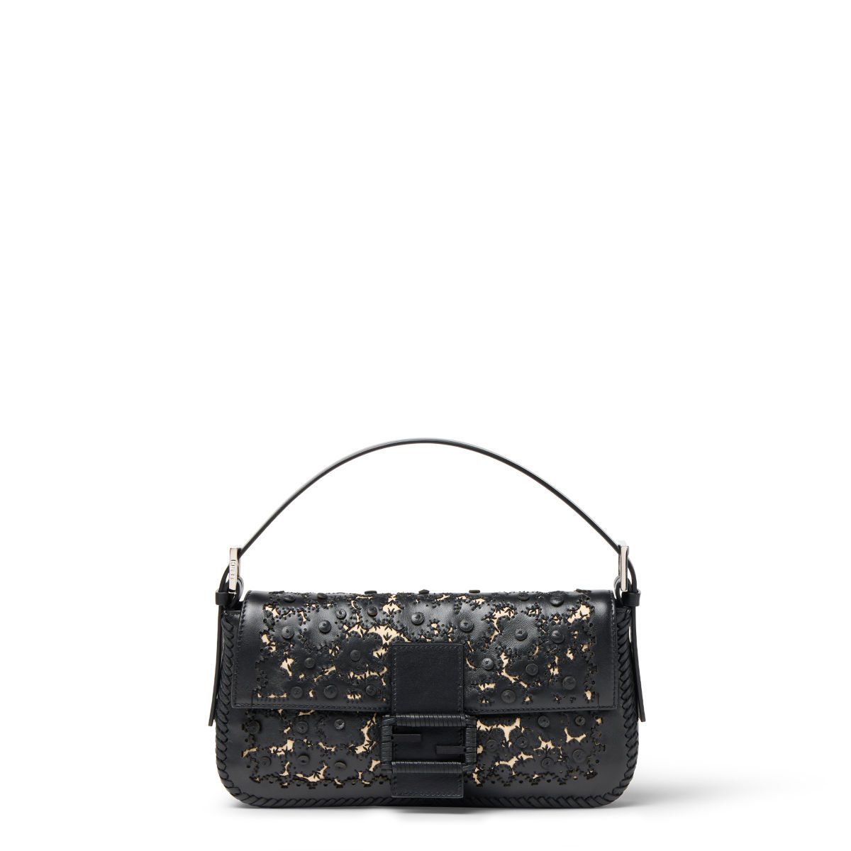 Fendi Baguette 26424 bag in black and cream carved calfskin – front view