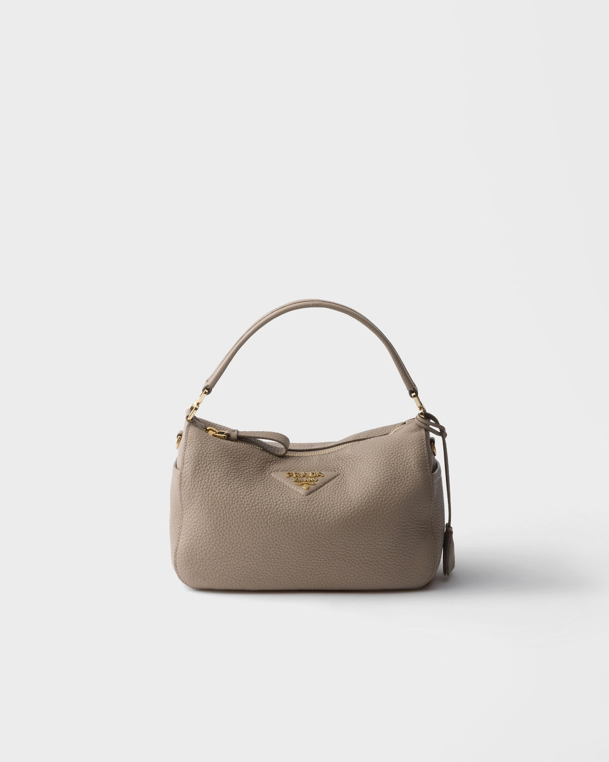 Prada small shoulder bag in clay gray calfskin with Re-Nylon interior – front view