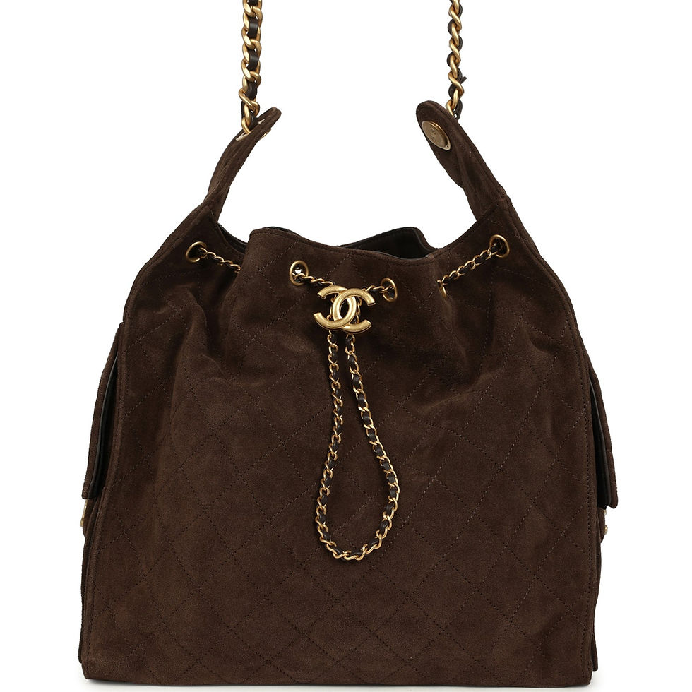 Front view of the dark brown suede Chanel 25 Medium bag with gold-tone fastening