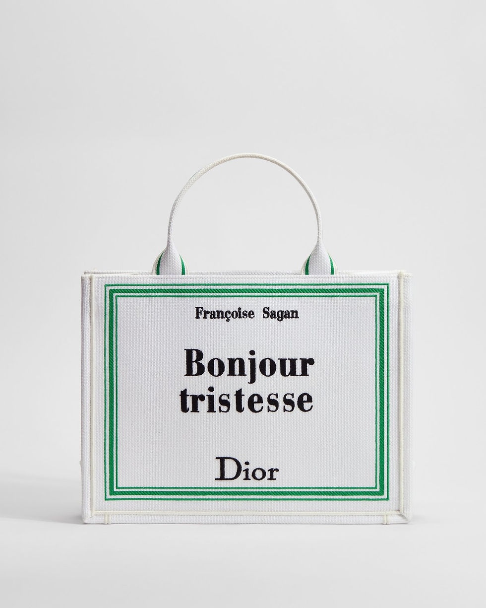 Dior Medium Book Tote in white cotton with Bonjour Tristesse cover – front view
