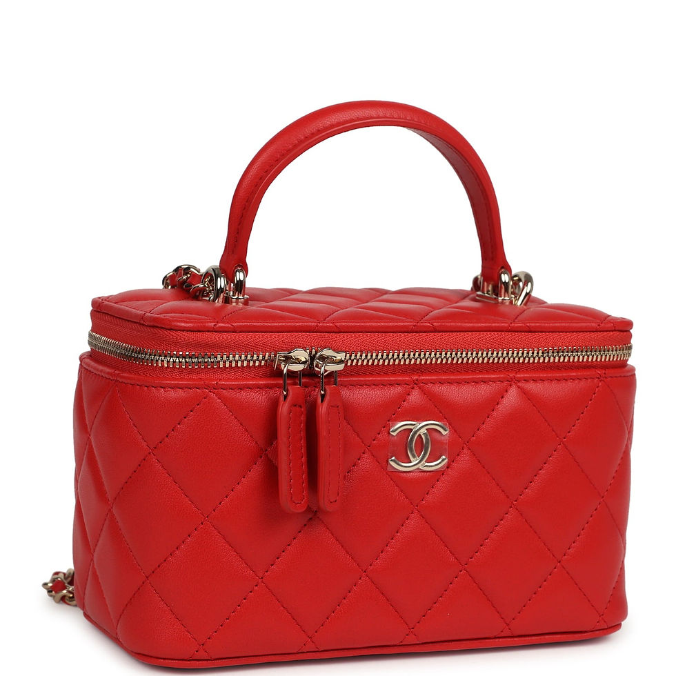 Red Chanel Vanity Case shown at a front side angle with gold zip and CC charm