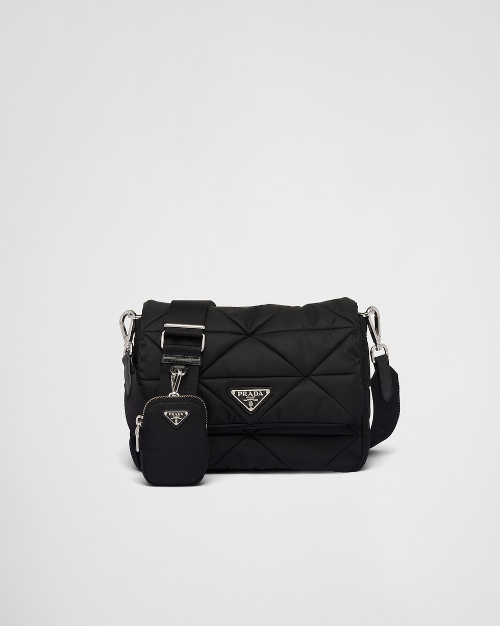 Prada padded flap hobo bag in black Re-Nylon – front view