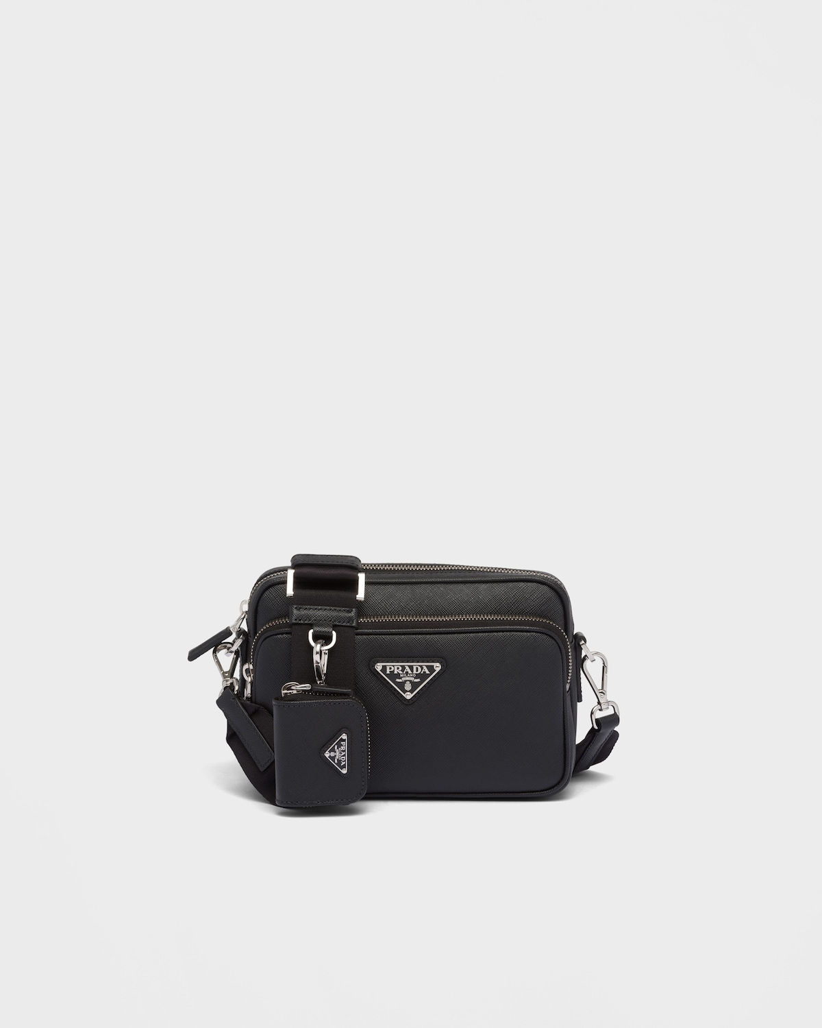 Prada shoulder bag with removable pouch in black Saffiano leather – front view
