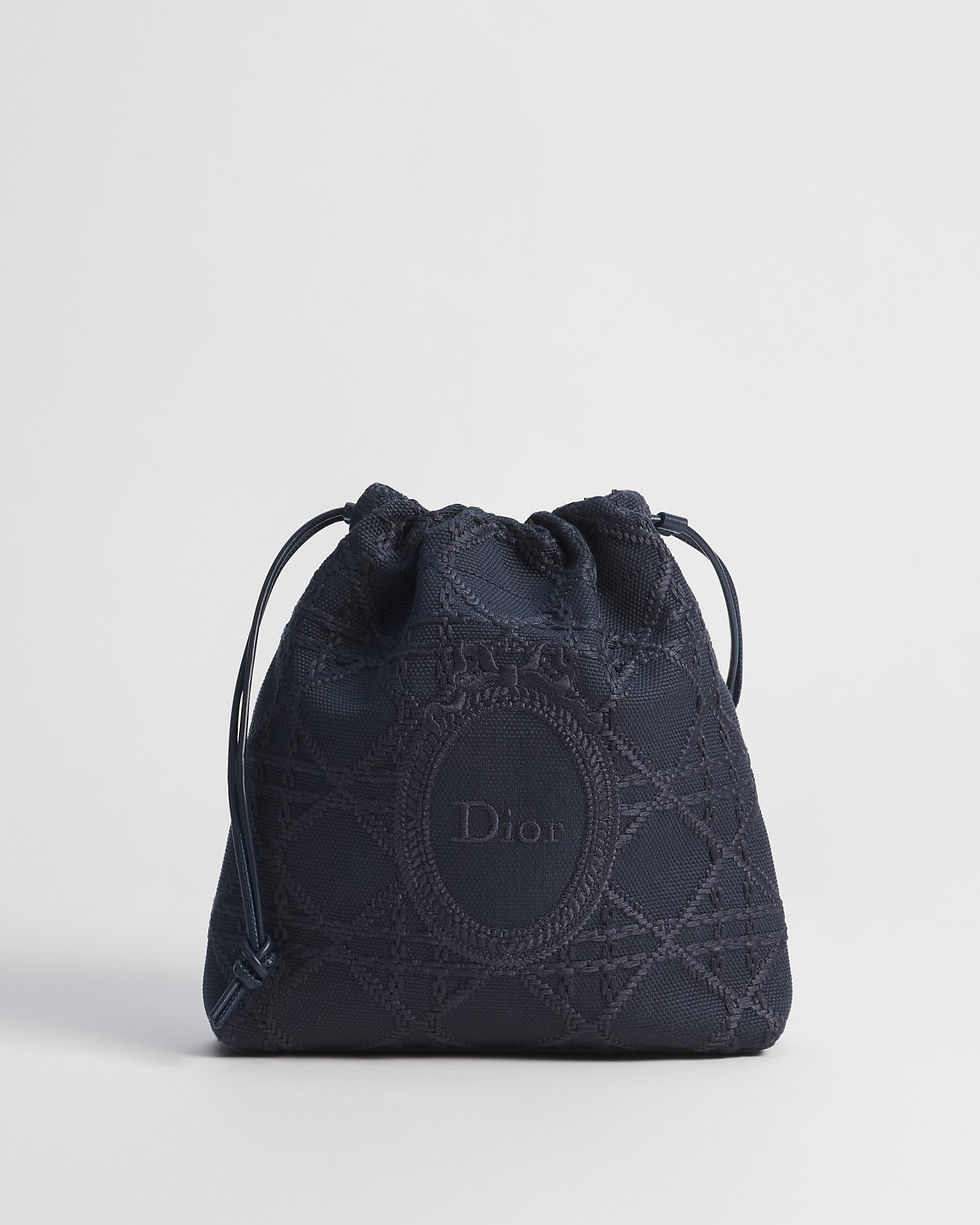 Dior Blooming mini bucket bag in natural Cannage canvas with blue Médaillon – front view