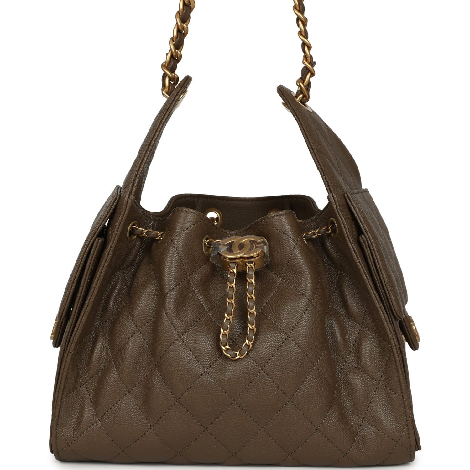 Chanel Small 25 Hobo Bag in khaki caviar leather, front view with drawstring and gold CC turnlock