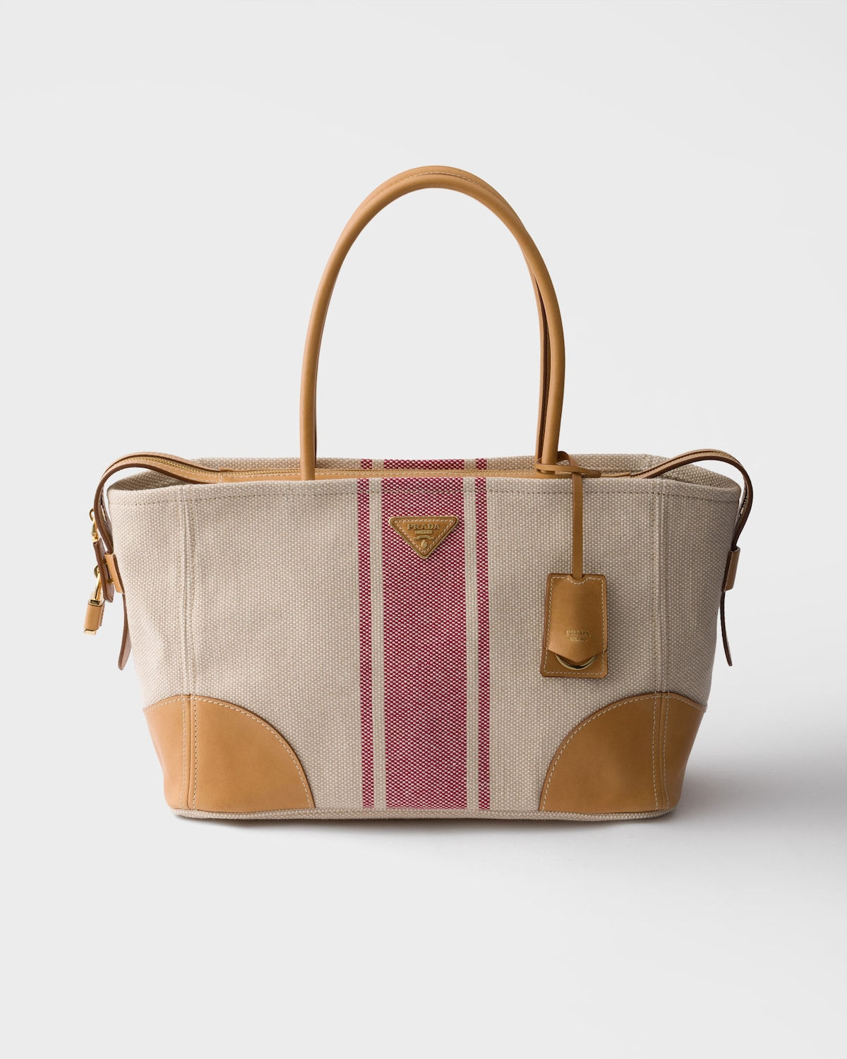 Prada large tote bag in tan/red striped canvas and leather – front view