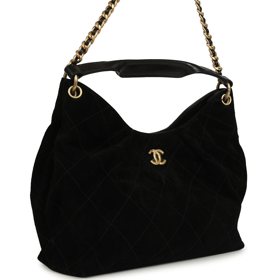Angled view showing the hobo's leather-topped handle and interwoven chain strap
