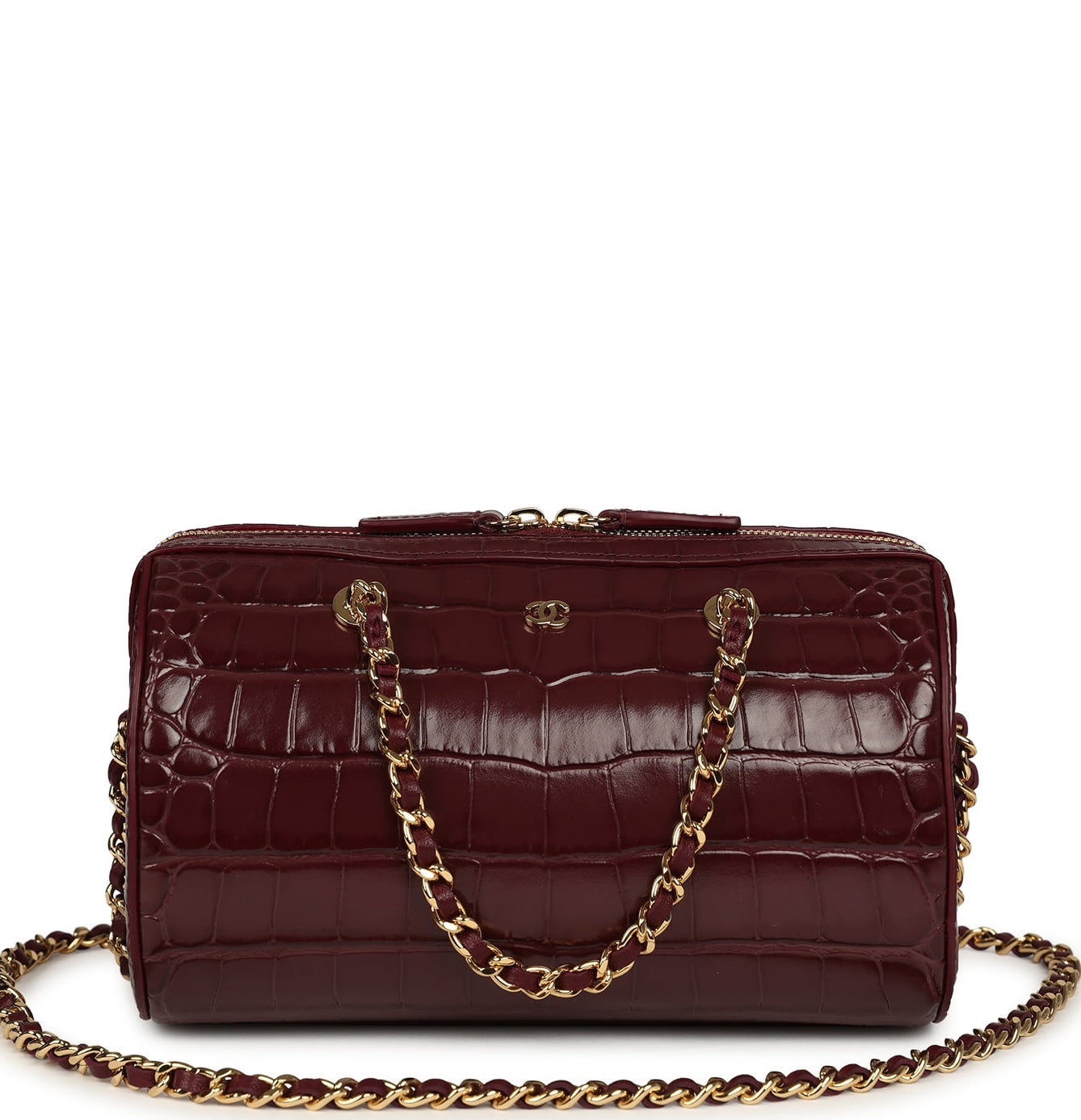 Chanel Mini Timeless Barrel bag in burgundy croc-embossed calfskin, front view