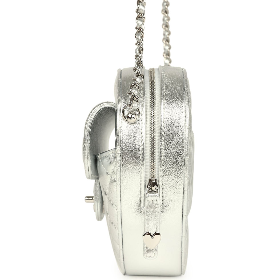Thumbnail: Profile view of the heart-shaped bag highlighting the zip closure and heart-shaped charm pull
