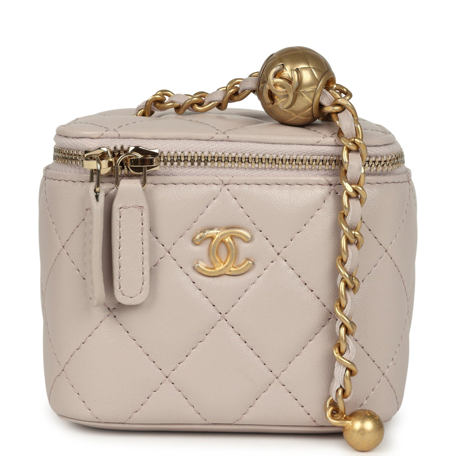 Chanel Mini Pearl Crush Vanity Case in light grey lambskin, front view with gold CC logo plate