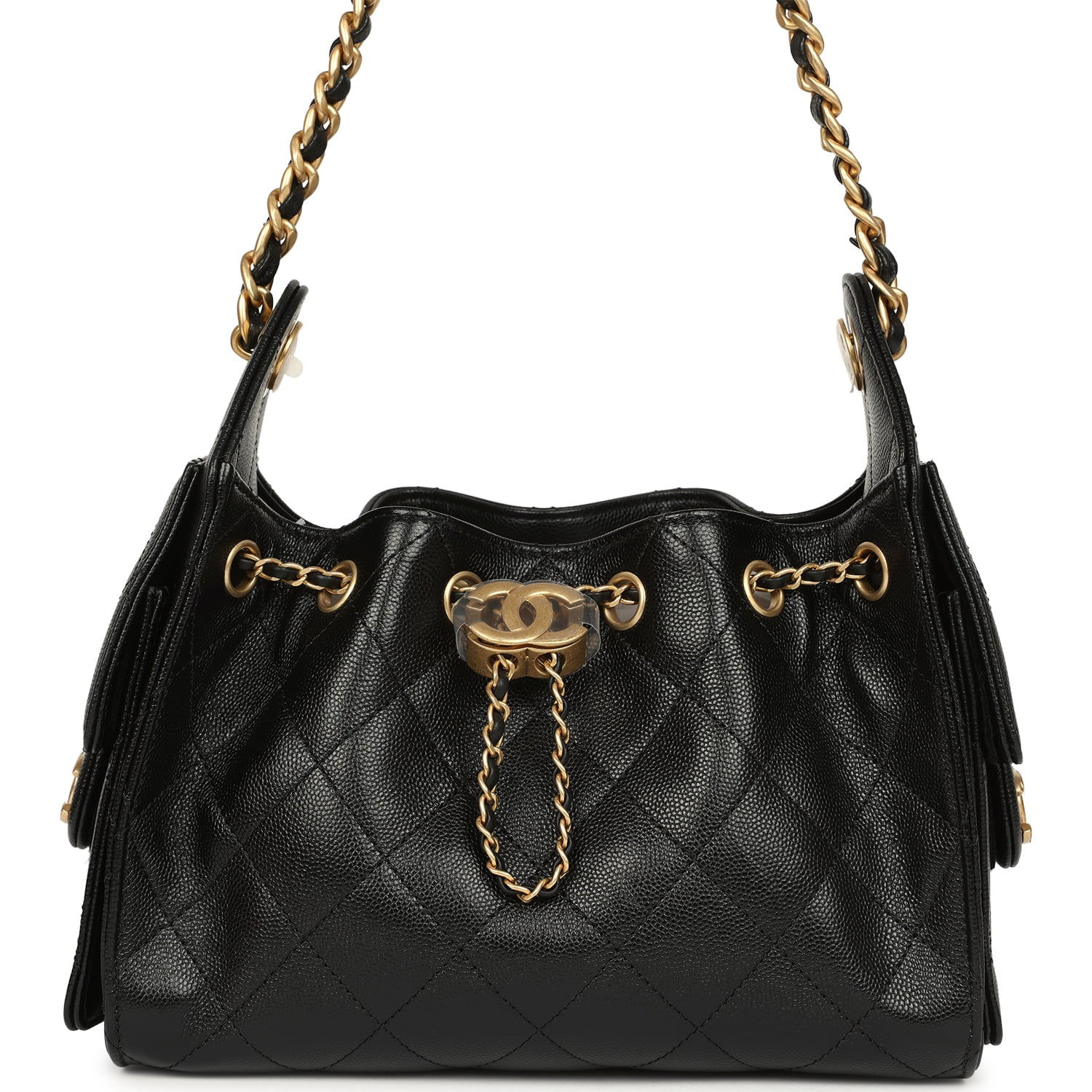 Chanel 25 Mini hobo bag in black caviar leather with antique gold-tone chain straps