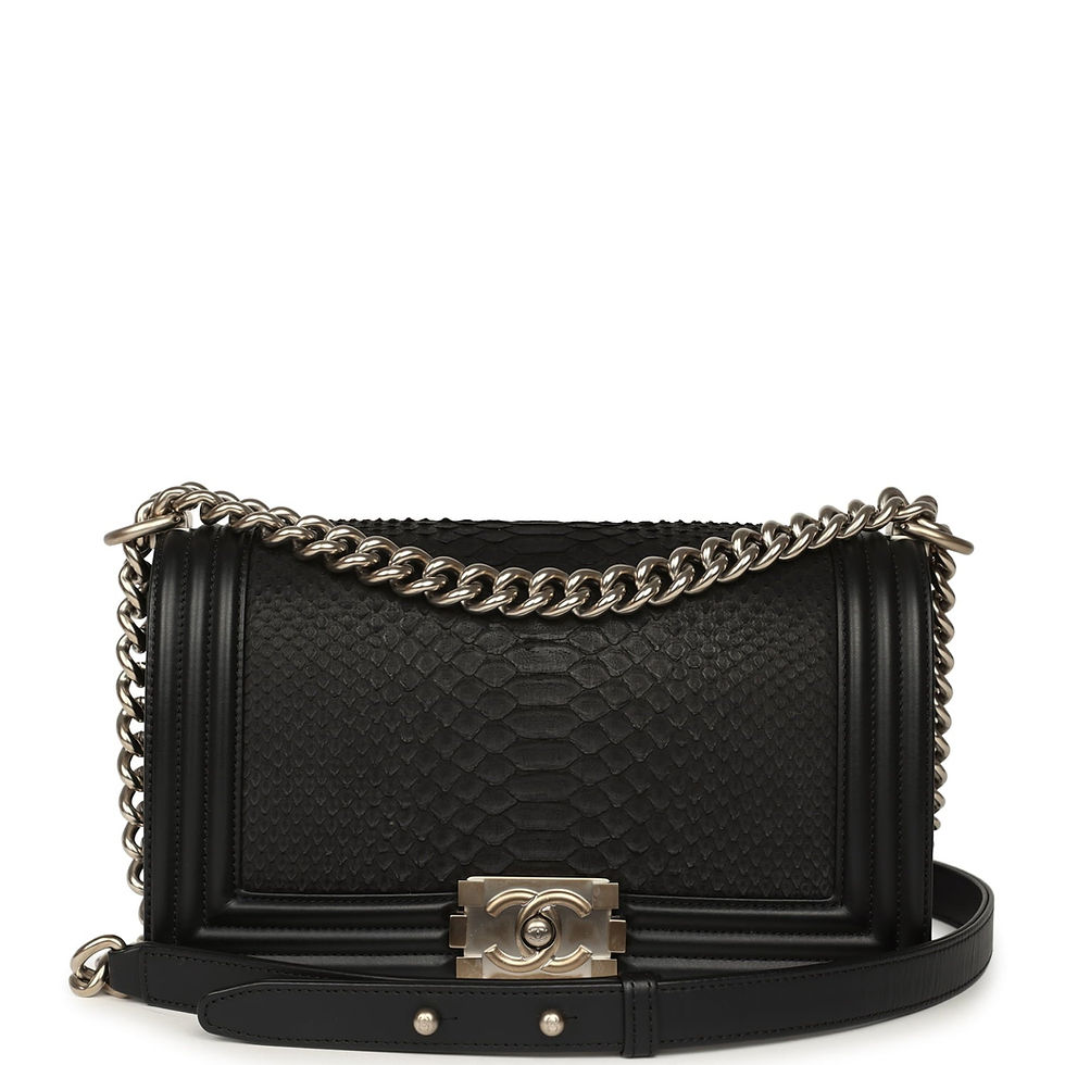 Chanel Boy Bag in black python with calfskin trim and matte silver-tone chain strap
