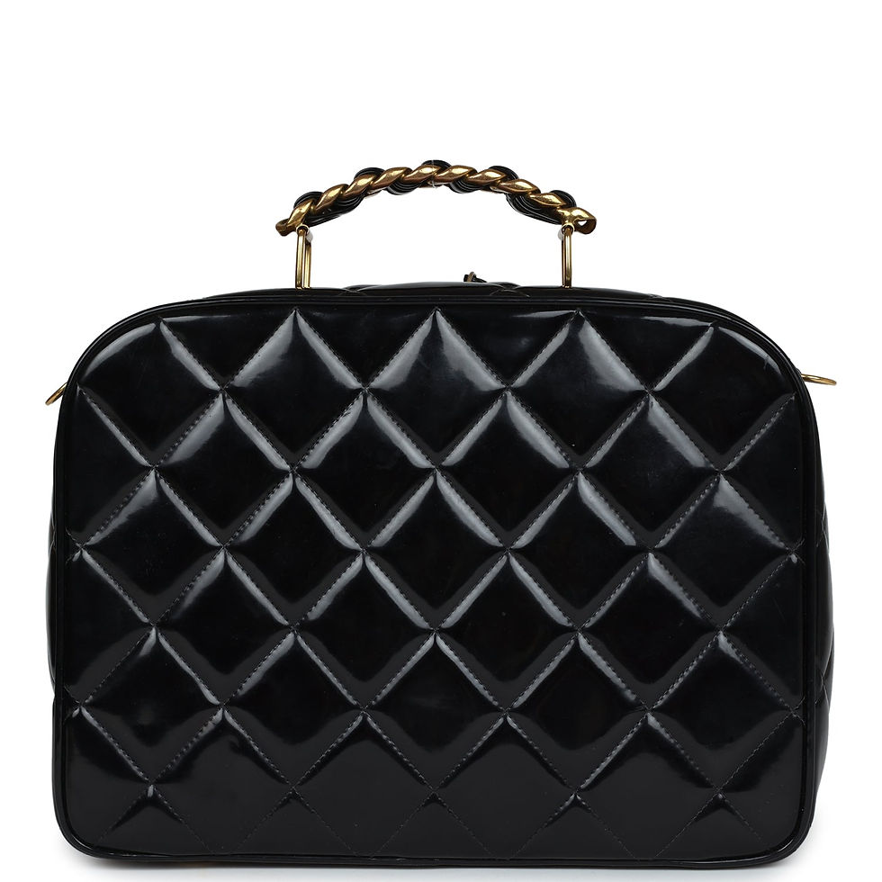 Thumbnail: Back view of the case in black patent leather with the quilted diamond pattern
