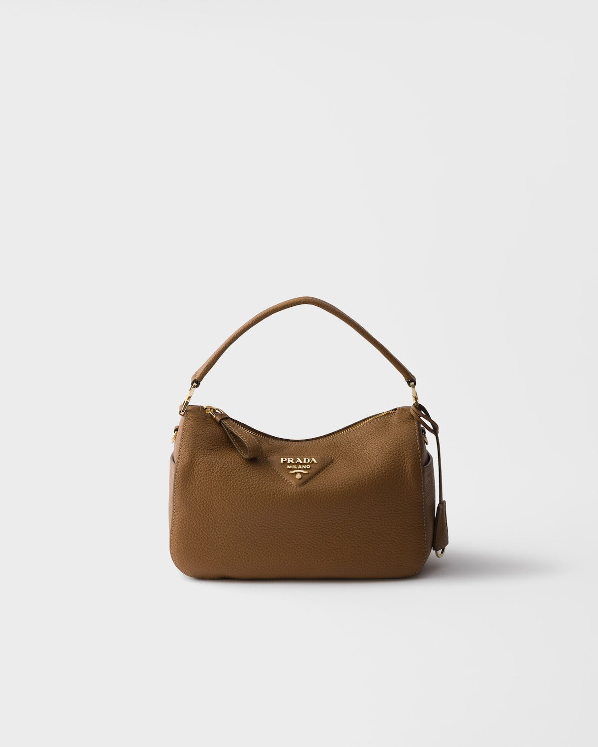 Prada small shoulder bag in caramel calfskin with Re-Nylon interior – front view