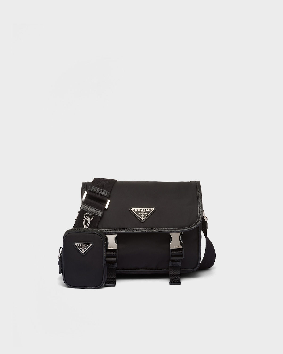 Prada shoulder bag with pouch in black Re-Nylon and Saffiano leather – front view