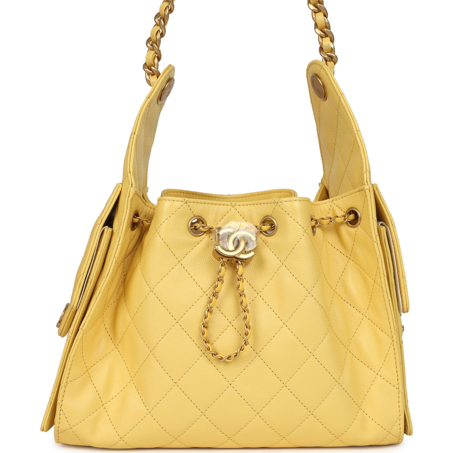 Chanel Small 25 Hobo Bag in yellow caviar leather, front view with drawstring and CC turnlock