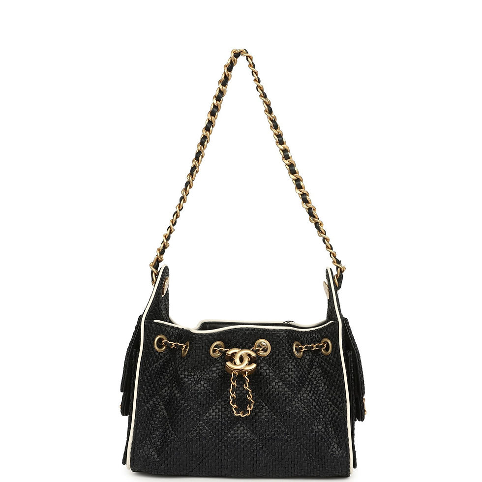 Thumbnail: Back view of the woven raffia hobo bag showing the drawstring CC turnlock