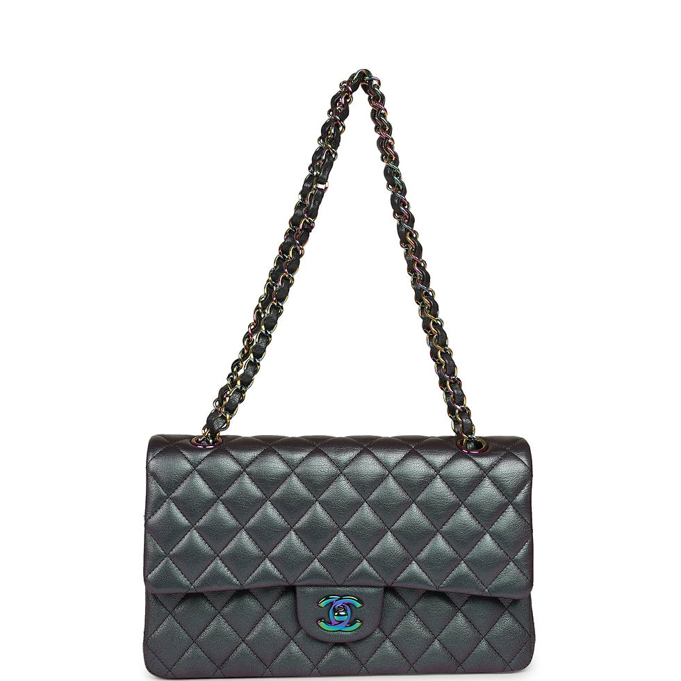 Thumbnail: Iridescent purple Chanel Medium Flap carried by its chain-and-leather top handle
