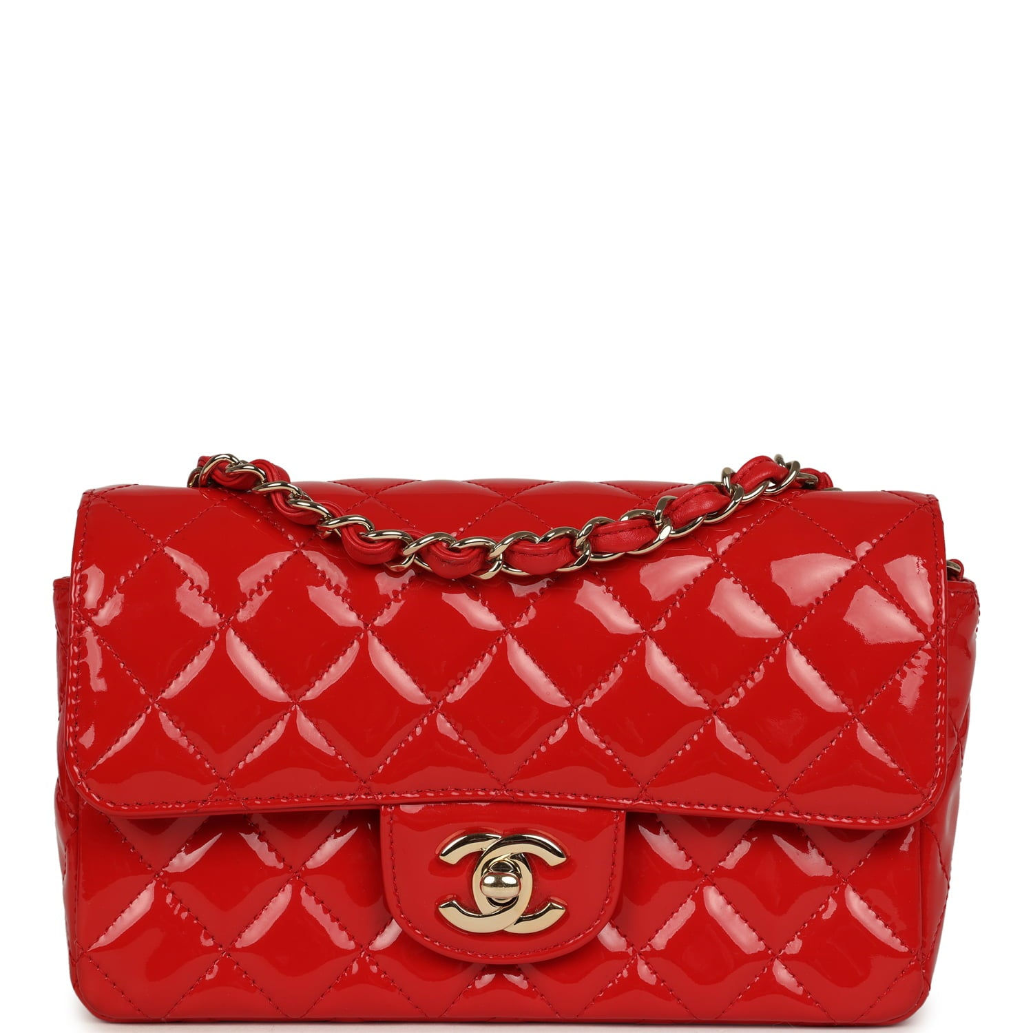 Chanel Mini Rectangular Flap bag in red patent leather, front view with chain strap