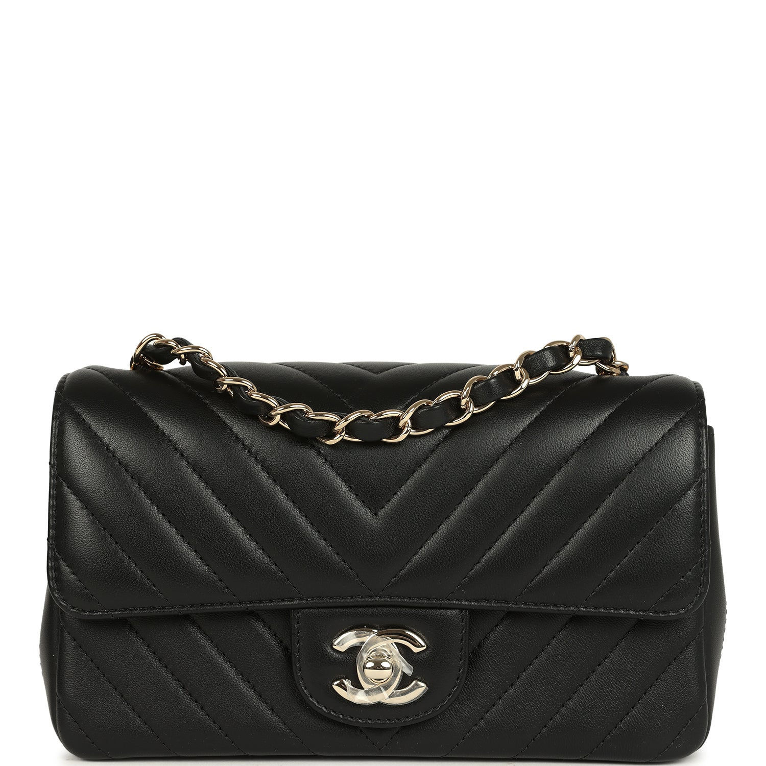 Chanel Mini Rectangular Flap bag in black chevron-quilted lambskin, front view