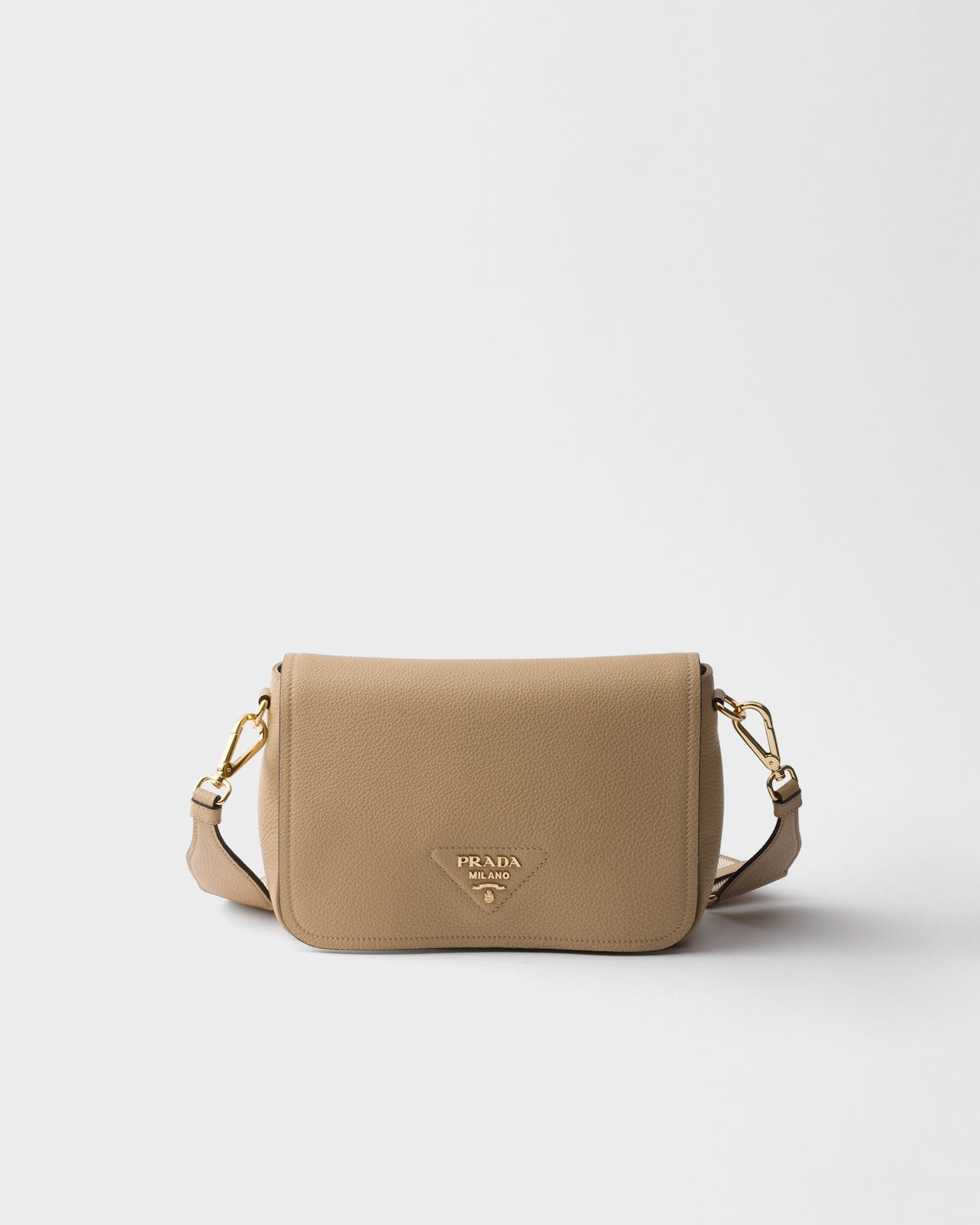 Prada flap shoulder bag with two straps in beige sable leather – front view