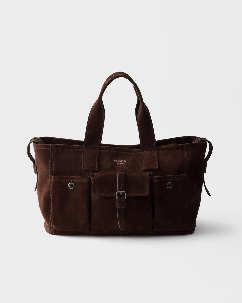 Prada Route large zip tote bag in dark brown suede – front view