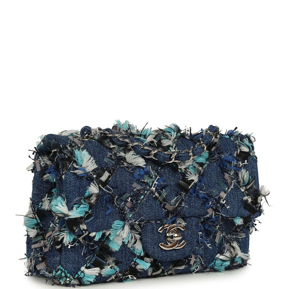 Front side angle of the blue tweed denim Chanel Mini Flap showing fringed texture