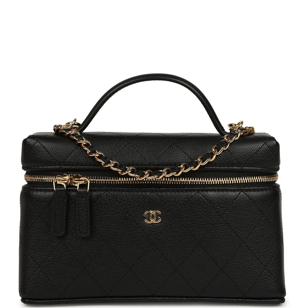 Front view of the black grained goatskin vanity case with its top handle raised
