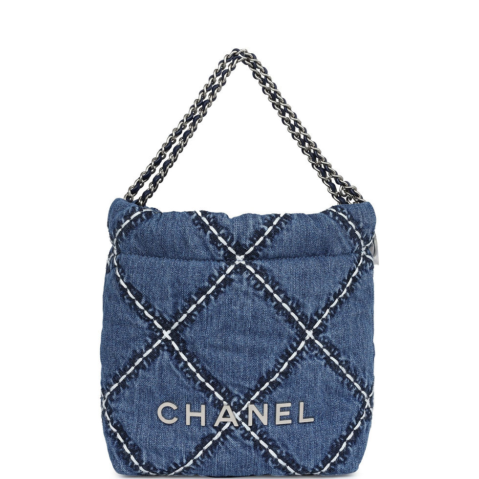Chanel 22 Mini bag in blue stitched denim with white contrast diamond topstitching and silver-tone chain strap