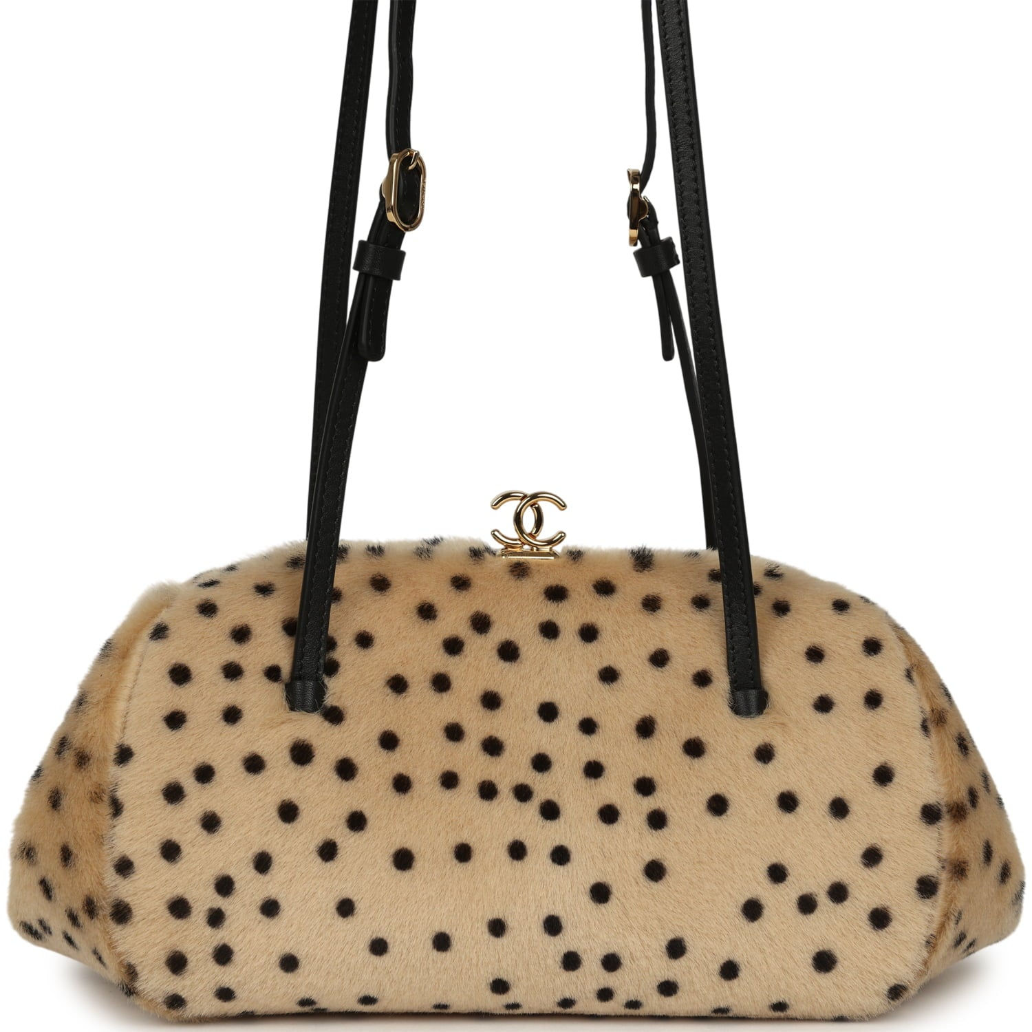 Front view of the Chanel Cheetah Print Clutch in light beige spotted calf hair