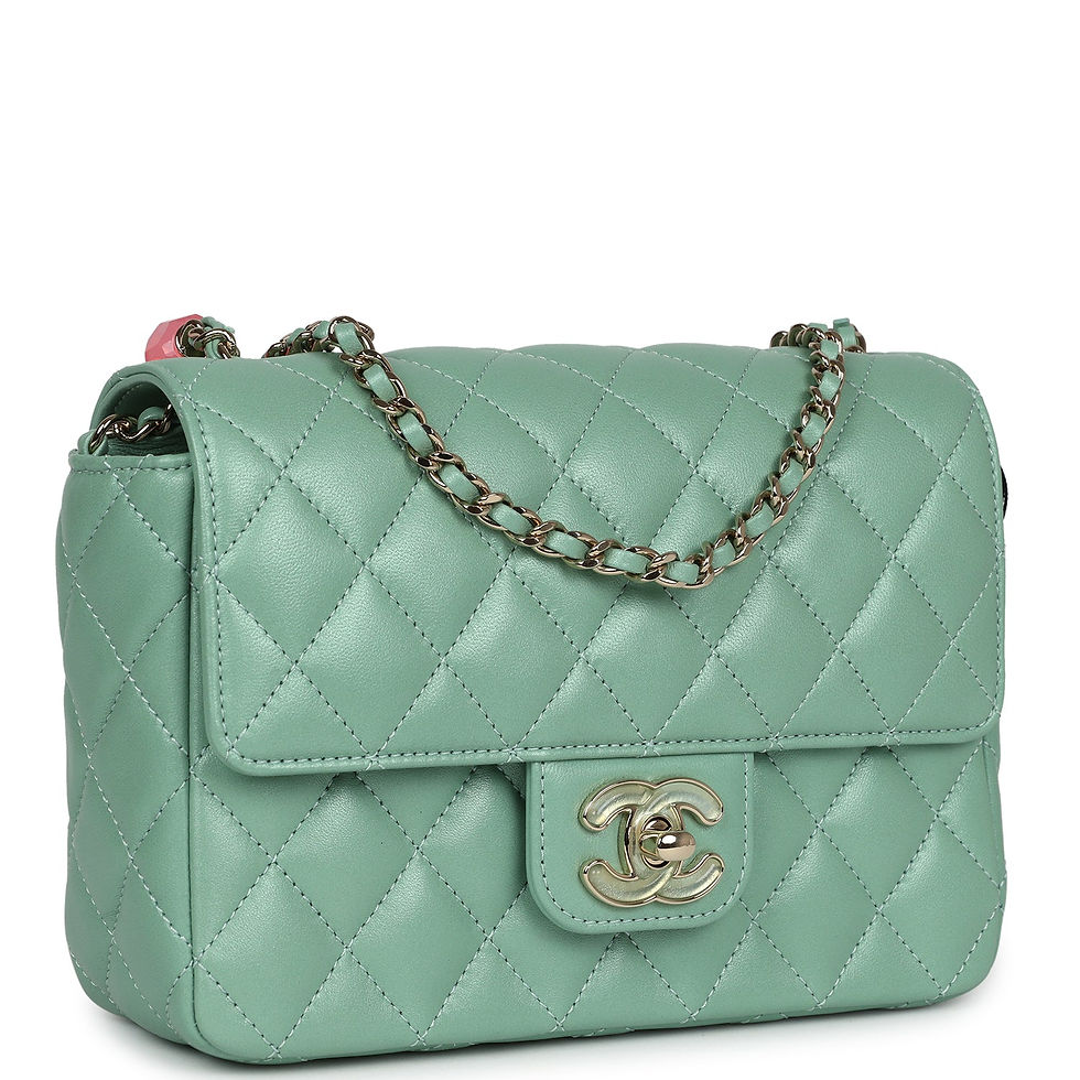 Three-quarter view of the Candy Heart flap bag showing the resin bead chain strap