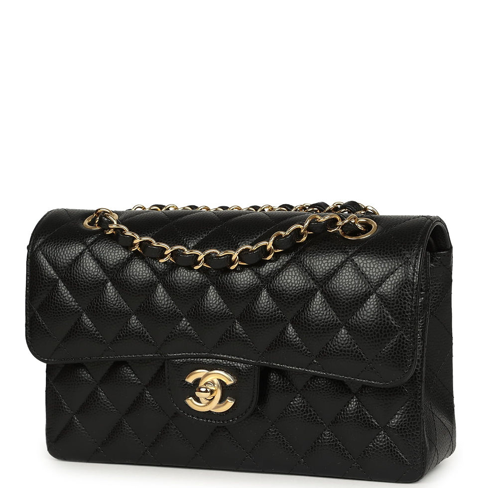 Thumbnail: Three-quarter front view of the black caviar Chanel Small Flap with gold-tone chain strap